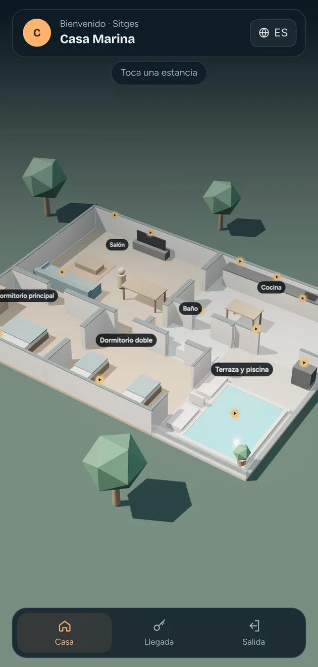 La casa en 3D vista desde arriba, con el nombre de cada estancia